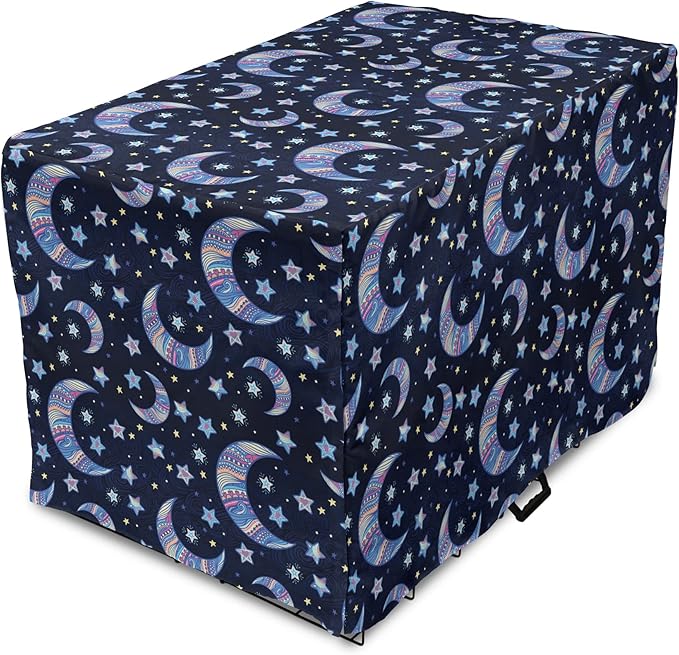 Lunarable Bohemian Stars Dog Crate Cover, Crescent Moon and Night Sky Elements Motif Curvy Background, Easy to Use Pet Kennel Cover for Medium Large Dogs, 48 Inch, Pink Blue