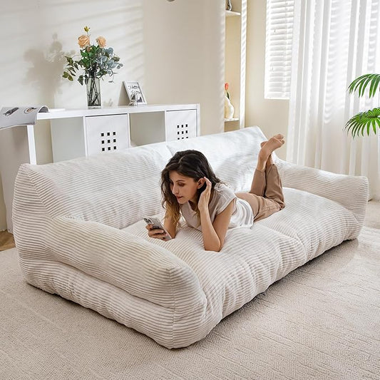 HIGOGOGO Giant Human Dog Sofa Bed, Big Comfy Floor Sofa Couch for Pet Families with Foam Chunk Supportive Mat, Corduroy Orthopedic Dog Bed for Human, Beige