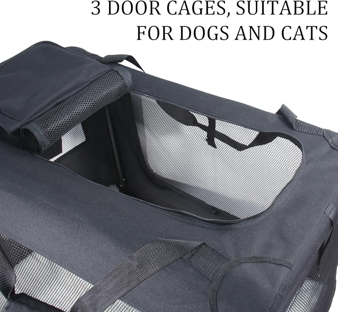 STARBRILLIANT 3-Door Portable Soft-Sided Folding Soft Dog Travel Crate Kennel,Black (28″x21″x21″)