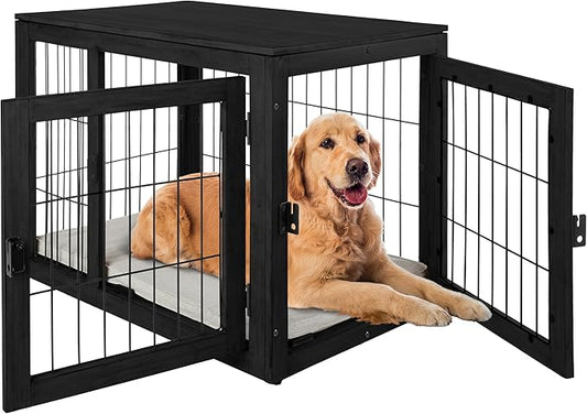 Furniture-Style Dog Crate - Acacia Wood Kennel for Large Dogs with Double Doors and Cushion - Dog Kennel Furniture by PETMAKER (Black)
