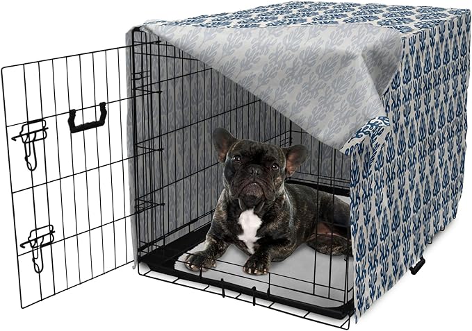 Lunarable Contemporary Blue Dog Crate Cover, Abstract Coral Inspired Motifs with Dots Around, Easy to Use Pet Kennel Cover for Cats & Medium Dogs, 24 Inch, Pale Eggshell Night Blue
