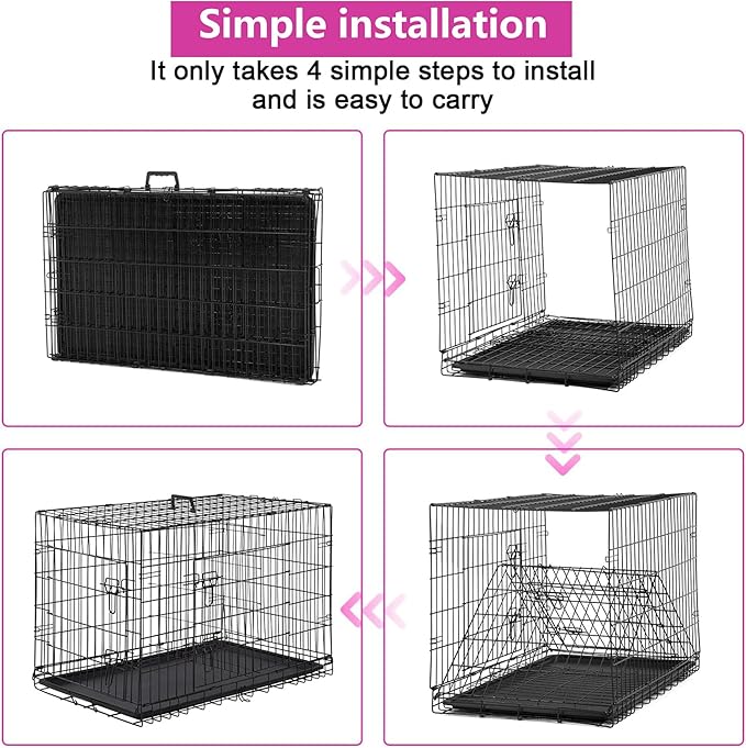 FDW 48 Inch Dog Crate Dog Kennel Cage with Double Door Folding Metal Wire Dog Cage with Removable Tray&Divider Panel for Large Dogs,Black