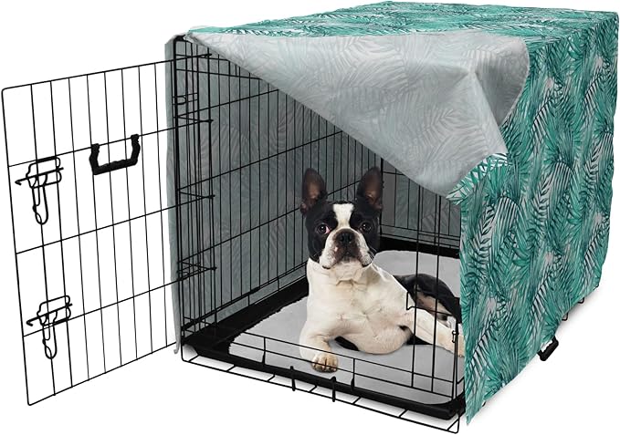 Lunarable Leaf Dog Crate Cover, Fresh Tropical Exotic Island Palm Tree Leaves in Jungle Abstract Watercolor, Easy to Use Pet Kennel Cover for Small Dogs Puppies Kittens, 22 Inch, Pale Blue and Green