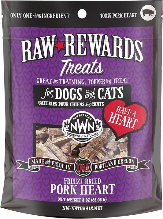 Northwest Naturals Raw Rewards Freeze-Dried Pork Heart Treats for Dogs and Cats - Bite-Sized Pieces - Healthy, 1 Ingredient, Human Grade Pet Food, All Natural - 3 Oz (Pack of 3)