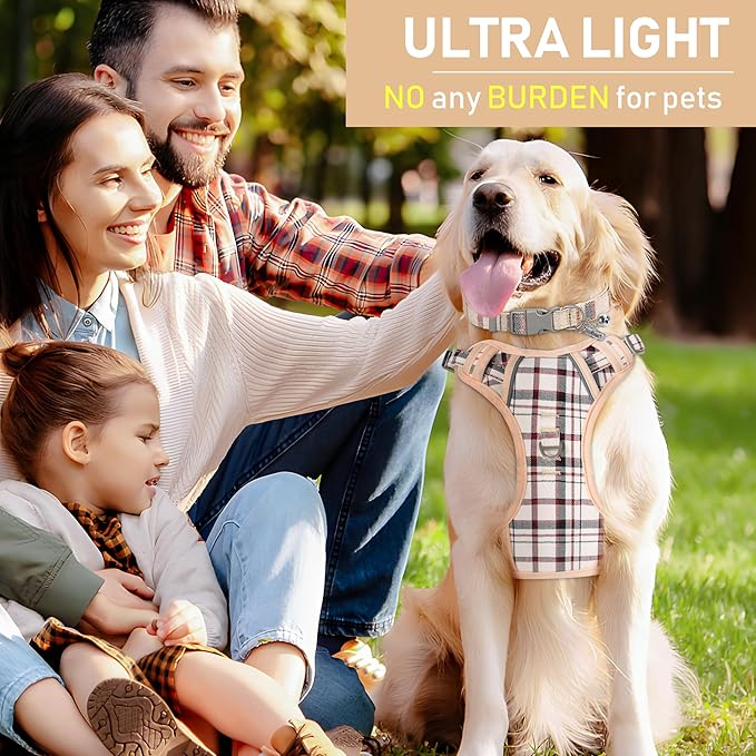 GAMUDA Dog Harness Collar and Leash Set, Dog Harness, No Chock No Pull Adjustable Vest Harnesses Plaid Reflective for Medium Dog, Cat, Small Horse, Small Bull and Pig (Beige, L)