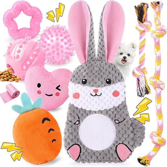 Zeaxuie Pink Puppy Toys for Teething, 9 Pack Small Dog Toys with Cute Puppy Chew Toys, Squeaky Crinkle Dog Toys, Treat Ball and Interactive Rope Toys