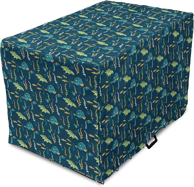 Lunarable Jurassic Dog Crate Cover, Evolution Marine Dinosaurs and Nautical Foliage Animal, Easy to Use Pet Kennel Cover for Small Dogs Puppies Kittens, 22 Inch, Petrol Blue Pale Green