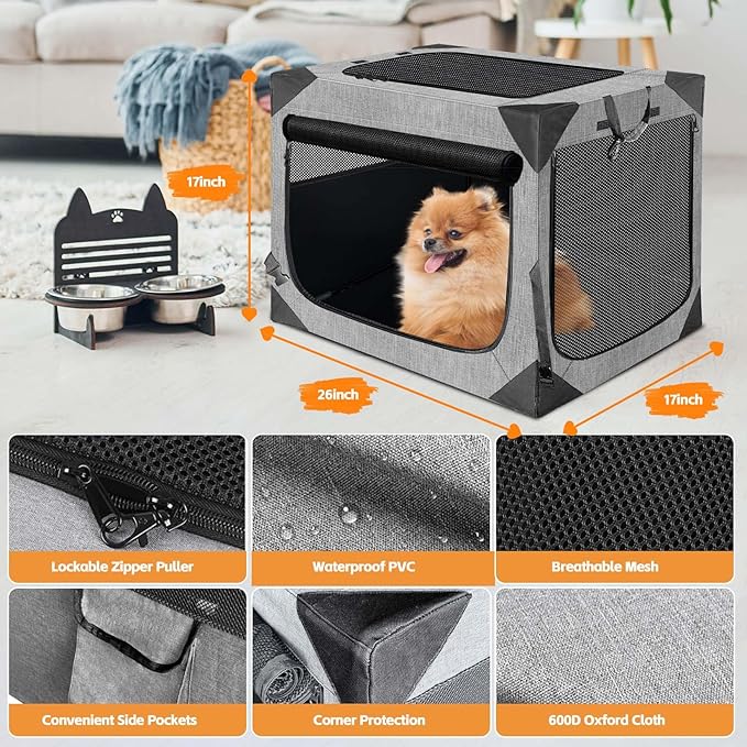 Dog Crate 30x21x21 Inch for Large or Medium Dogs, Portable and Foldable Design Perfect for Travel or Home Use, Dog Kennel with 3-Door (Light Grey, 36 * 25 * 25)