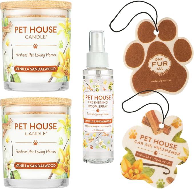 One Fur All Value Pack, Scented Pet Friendly Candles, Room Spray and Car Air Fresheners, Long Lasting Pet Odor Solutions for Home, Vanilla Sandalwood