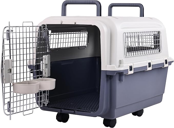 Plastic Kennels Pet Carrier Rolling Plastic Airline Approved Wire Door Travel Dog Crate, Medium (26.5" L x 20" W x 18.8" H)
