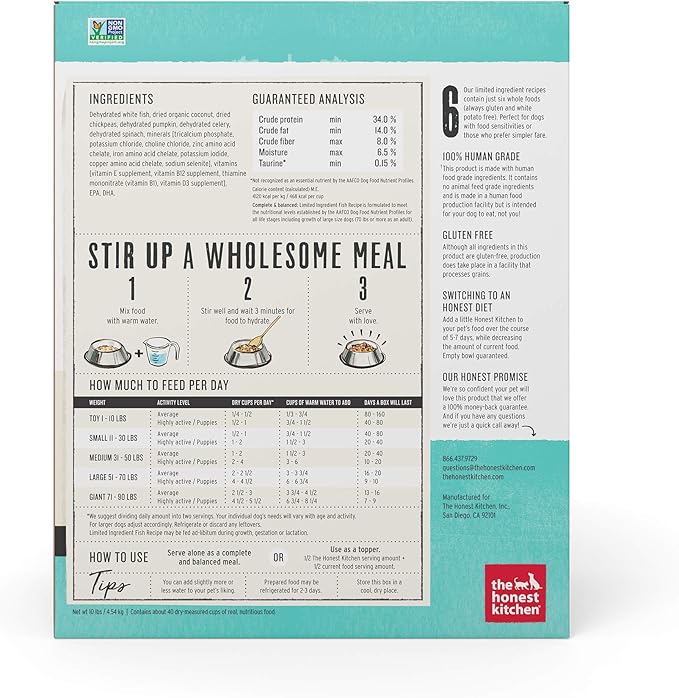 The Honest Kitchen Dehydrated Limited Ingredient Dog Food – Complete Meal or Dog Food Topper – Fish 10 lb (makes 40 lbs)