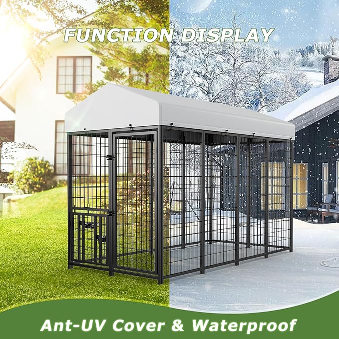 ROOMTEC Large Dog Kennel Outdoor Pet Pens Dogs Run Enclosure Animal Hutch Metal Coop Fence with Roof Cover (8'L x 4'W x 5.6'H)