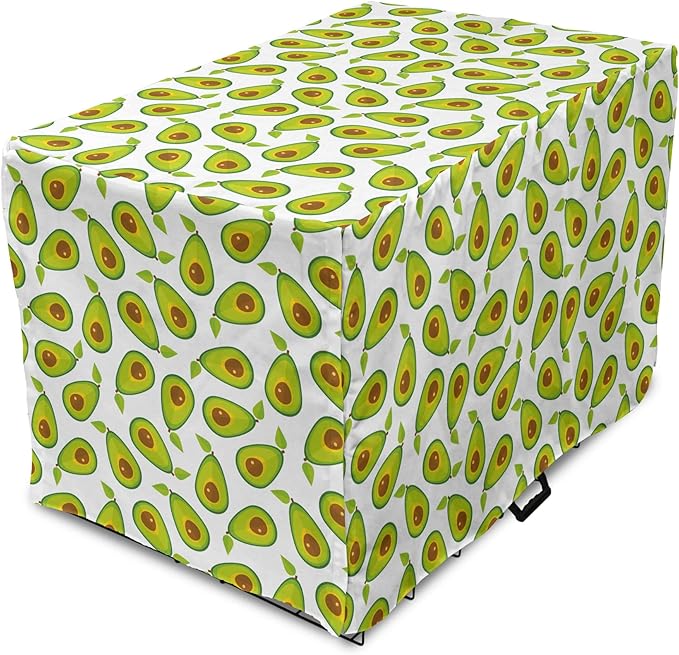 Lunarable Avocado Dog Crate Cover, Pattern of Sliced Healthy Fruits Scattered, Easy to Use Pet Kennel Cover for Medium Large Dogs, 48 Inch, Lime Green White Brown