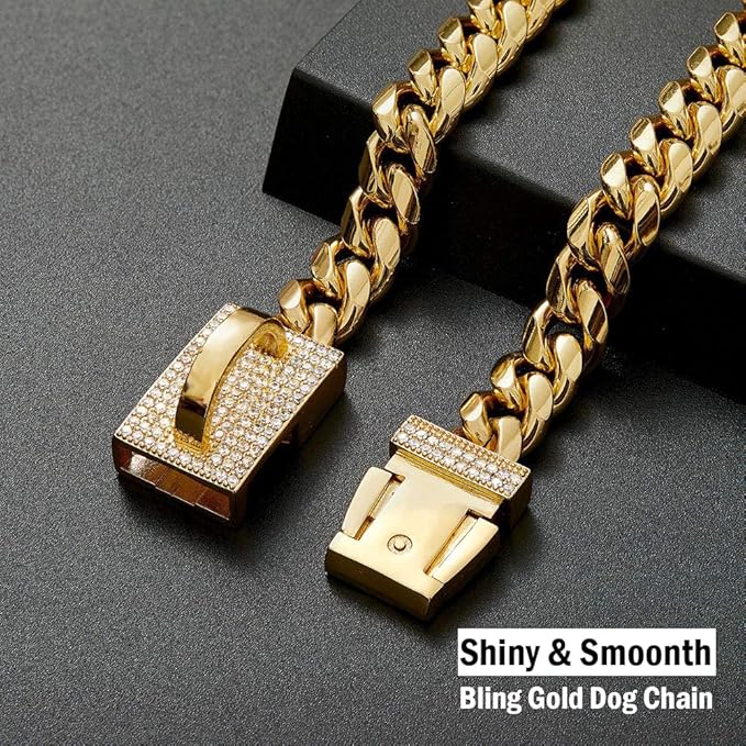 Cute Strong Gold Chain Dog Collar with Bling Clasp & Tag Pendant,18K Gold Plated Cuban Link Dog Collar,Dog Necklace Walking Collar for Puppy Small Dogs(12 Inches)