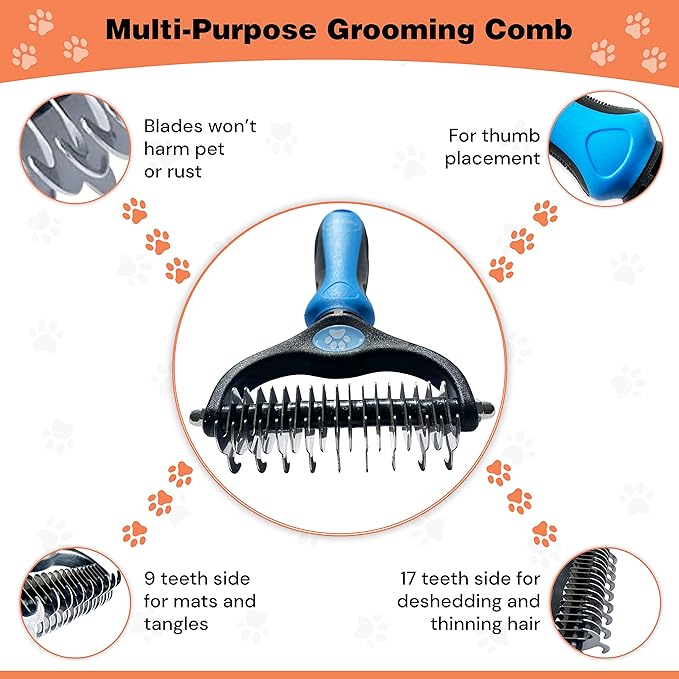 Pret & Lively 2 in 1 Pet Hair Dematting Tool, Tough Mats and Tangles, Undercoat Rake Comb, Dogs, Cats, Rabbits, Hairy Pets, Holiday Gift, Professional Grooming Brush For Deshedding, Extra Wide (Blue)