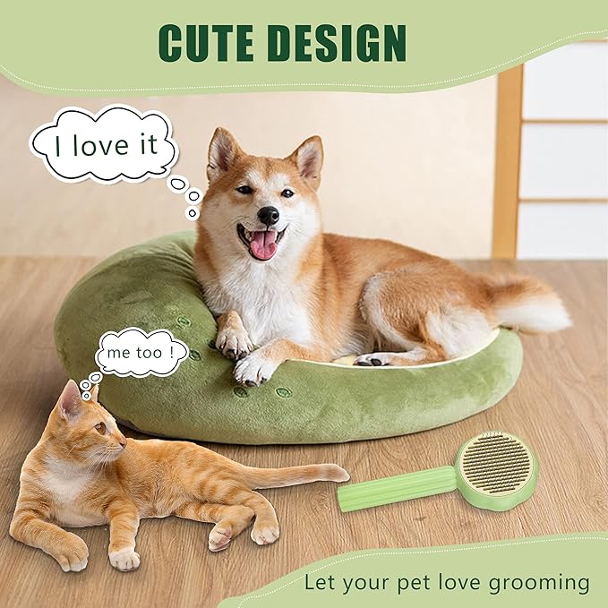 METREE Cat Hair Brush, Self Cleaning Pet Slicker Brush with Release Button, Grooming Brush for Shedding, Long or Short Haired Cats Dogs (Lime Green)