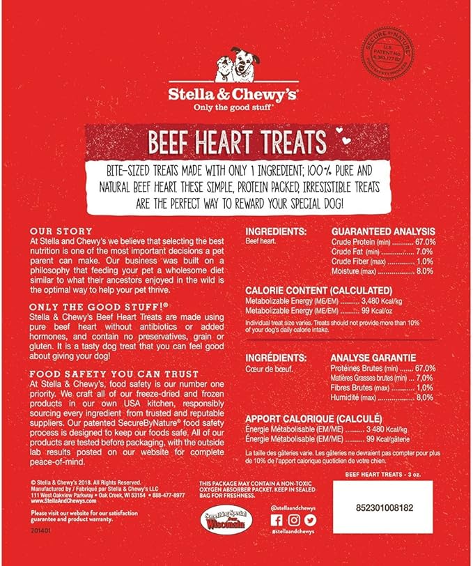 Stella & Chewy's Freeze-Dried Raw Single Ingredient Beef Heart Treats, 3 oz. Bag