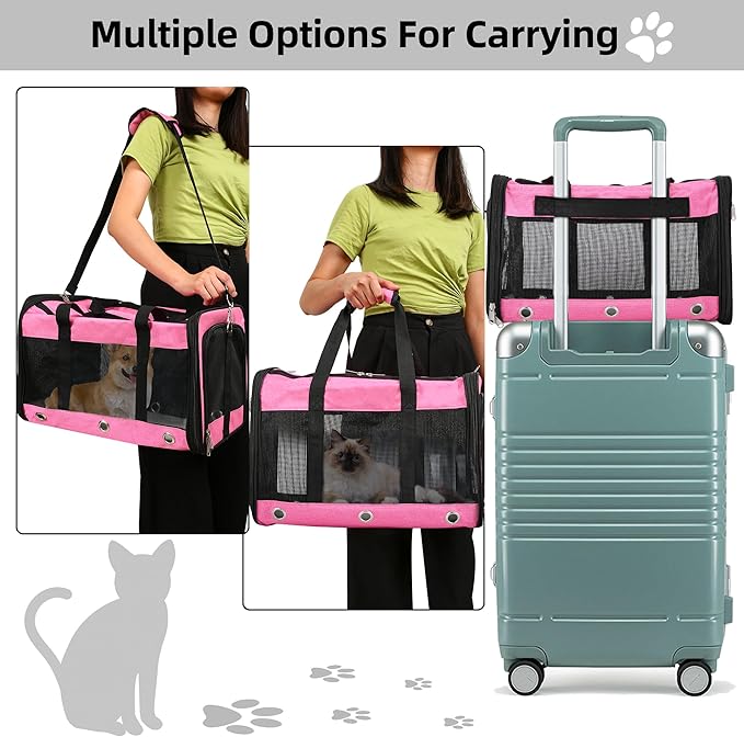 Soft Sided Cat/Dog Carrier,Collapsible Pets Travel Carriers for Pet/Puppy with Shoulder Strap & Removable Mat,Mesh Top Load Small Dogs/Cats Carry Bag Up to 25 Lbs(Pink,L)
