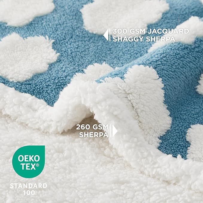 Lesure Waterproof Dog Blanket for Large Dogs - Washable Double Sided Dog Blankets with Warm Jacquard Shag and Soft Sherpa Fleece, Pet Cat Blanket for Bed Protection, 3D Textured Cloud, Blue