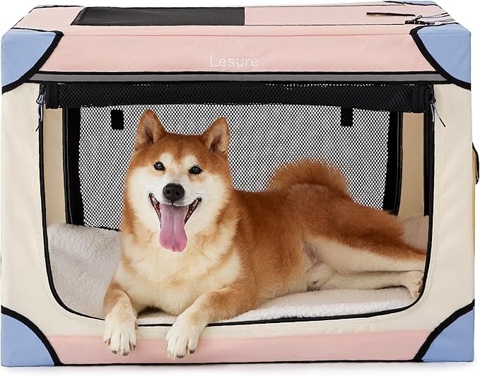Lesure Soft Collapsible Dog Crate - 30 Inch Portable Travel Crate for Medium Dogs Indoor & Outdoor, 4-Door Foldable Pet Kennel with Durable Mesh Windows, Pink