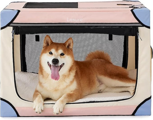 Lesure Soft Collapsible Dog Crate - 30 Inch Portable Travel Crate for Medium Dogs Indoor & Outdoor, 4-Door Foldable Pet Kennel with Durable Mesh Windows, Pink