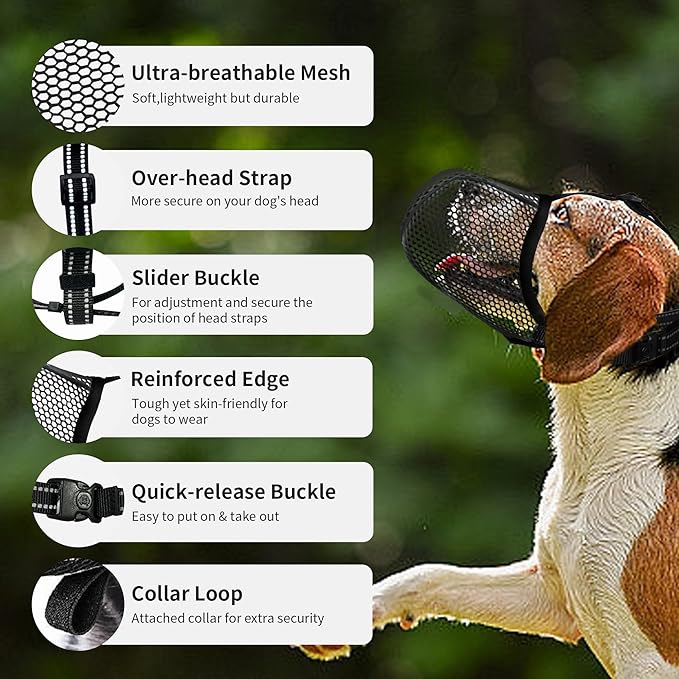 Dog Muzzle, Breathable Soft Muzzle for Medium to Large Dogs to Anti & Prevent Barking Biting Chewing, Reflective & Adjustable Basket Muzzle with Air Mesh for Beagle Black L