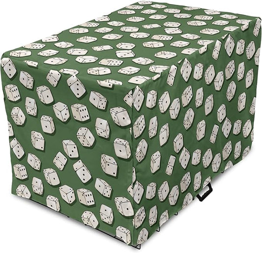 Lunarable Casino Dog Crate Cover, Cartoon Style Dices Pattern on Green Background Chance Game Lucky Jackpot, Easy to Use Pet Kennel Cover for Cats & Medium Dogs, 24 Inch, Green Cream Black