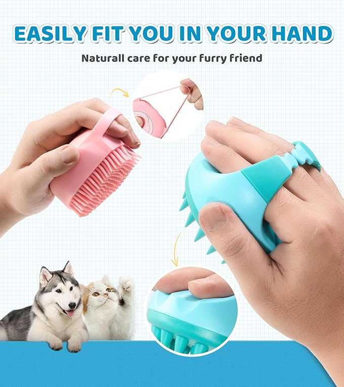 Pet Grooming Brush with Shampoo Dispenser, Soft Silicone Bath Scrubber for Dogs, Cats, and Puppies – Gentle Cleaning and Massaging Tool, Ideal for Small Pets, Easy to Use & Clean, Pink/Blue