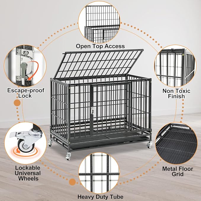 Homey Pet 37 inch Stackable Heavy Duty Dog Crate, Indestructible Escape Proof Dogs Cage Kennel with Lockable Wheels, Removable Tray & Metal Grid, Double Doors for High Anxiety Medium/Small Dogs