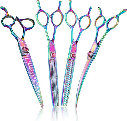 Dragon Creek Dog Grooming Scissors - Pet Cutting Thinning Chunker Shears Set for Grooming Trimming Texturizing Dog Cat Rainbow