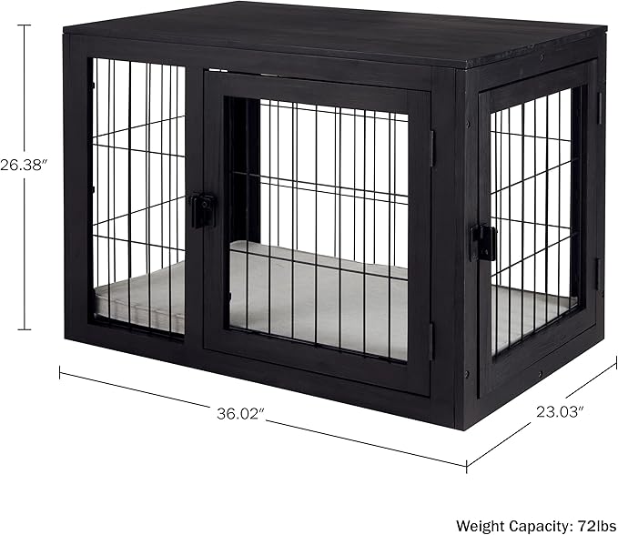 Furniture-Style Dog Crate - Acacia Wood Kennel for Medium Dogs with Double Doors and Cushion - Dog Cage Furniture by PETMAKER (Black)