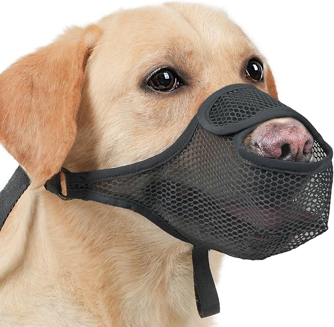 LUCKYPAW Dog Muzzle for Large Medium Small Dogs, Mesh Muzzle for Dog to Prevent Biting Chewing Licking Eating, Soft Dog Muzzle with Front Opening Design for Drinking Panting (Black, S)