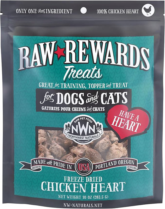 Northwest Naturals Raw Rewards Freeze-Dried Chicken Heart Treats for Dogs and Cats - Bite-Sized Pieces - Healthy, 1 Ingredient, Human Grade Pet Food, All Natural - 10 Oz