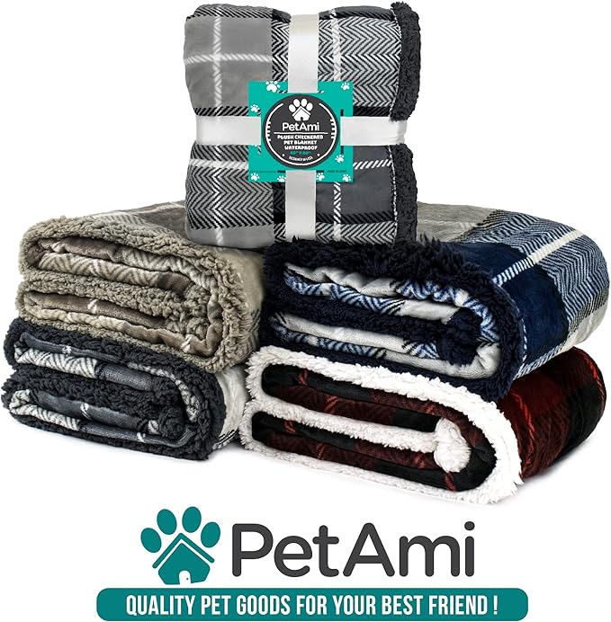 PetAmi WATERPROOF Dog Blanket for Medium Large Dog, Pet Puppy Blanket Couch Cover Protection, Sherpa Fleece Cat Blanket, Sofa Bed Furniture Protector Reversible Soft Plush Washable, 60x40 Plaid Navy