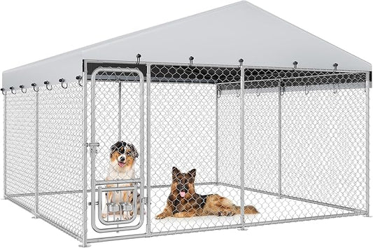 YITAHOME 10'x10' Large Outdoor Dog Kennel with Rotating Feeder Bowls, Outdoor Dog Enclosure with Roof, Heavy Duty Dog Cage for Large Dogs