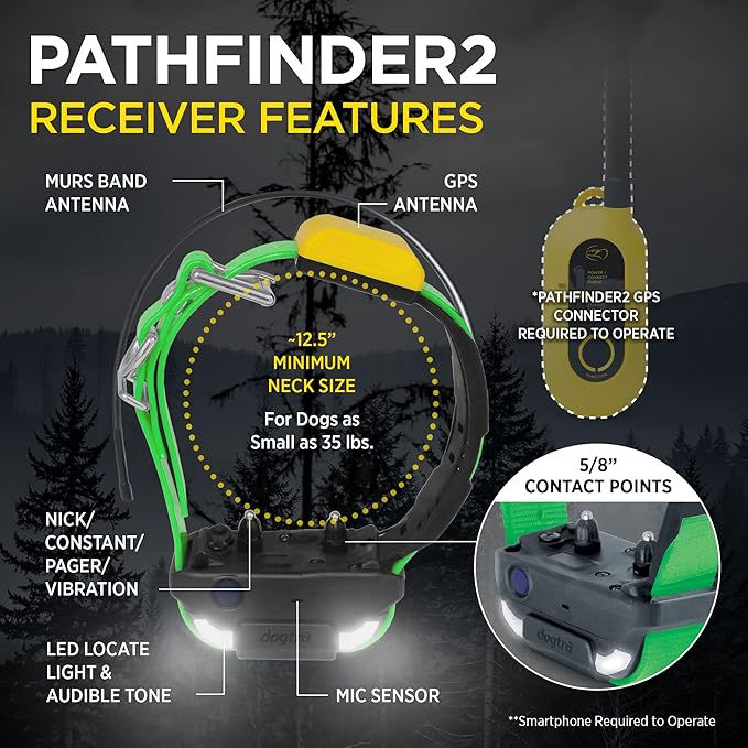 Dogtra Pathfinder 2 Additional Receiver Dog GPS Tracker e Collar Green LED Light No Monthly fees Free App Waterproof Smartwatch Control Satellite Real Time Tracking Long Range Smartphone Required
