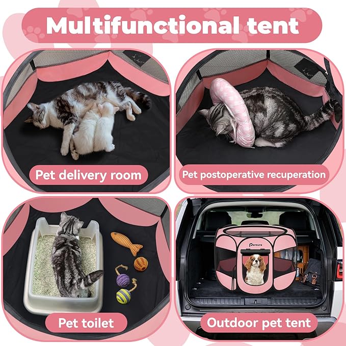 Dog Cat Playpen Indoor Outdoor for Puppy Pet Dogs Cat Recovery After Surgery, Dog Tent Crates Cage Indoor/Outdoor, Portable Pop Up Dog Kennel with Carrying Case for Travel (Premium Pink, Medium)