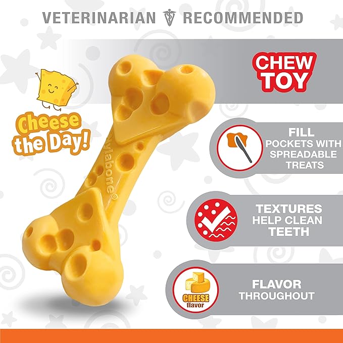 Nylabone Power Chew Cheese Bone Dog Chew Toy, Cute Dog Toys for Aggressive Chewers, Cheese Flavor, Medium/Wolf (1 Count)