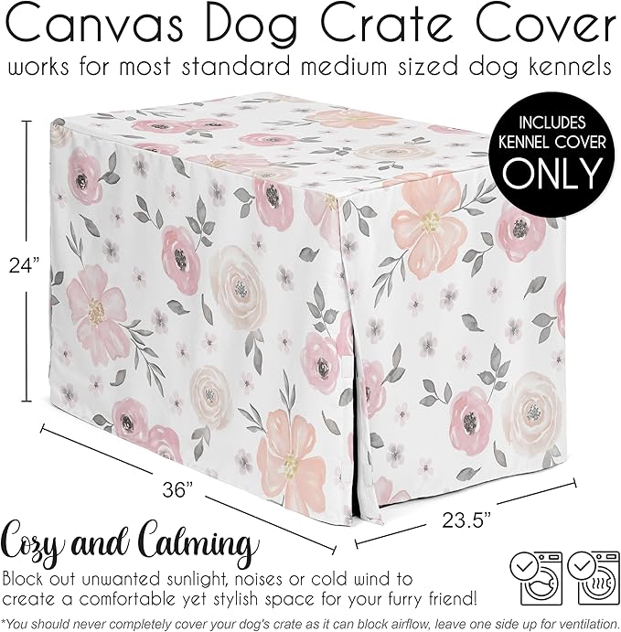 Sweet Jojo Designs Blush Pink Grey Boho Floral Dog Crate Cover – Kennel Covers for 36 Inch Pet Cage Medium - Bohemian Farmhouse Shabby Chic Rose Lily Watercolor Flower Elegant Gray and White