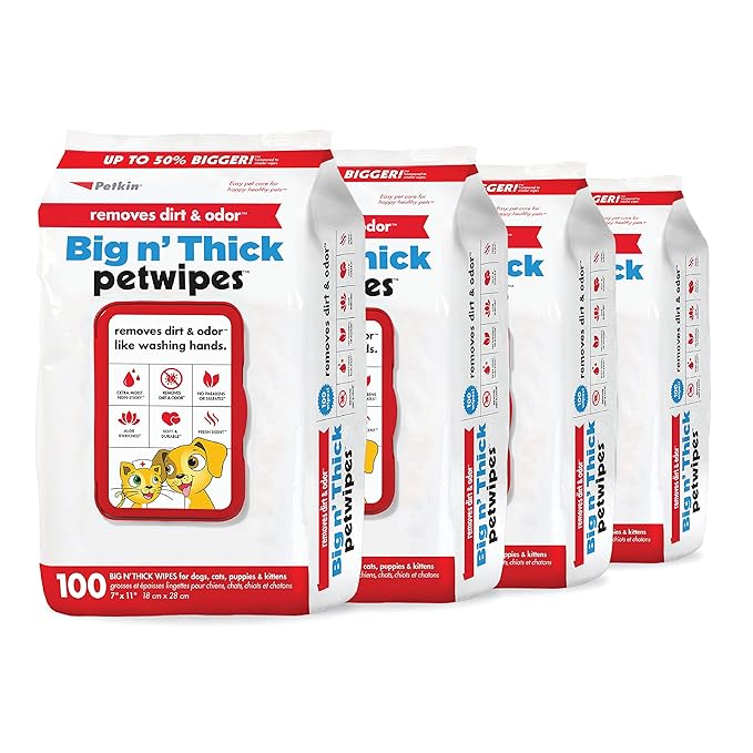Petkin Pet Wipes for Dogs and Cats, 400 Large Wipes - Removes Dirt & Odor Like Washing Hands - Cleans Ears, Face, Butt, Eye Area - Convenient, Ideal for Home or Travel - 4 Packs of 100 Wipes
