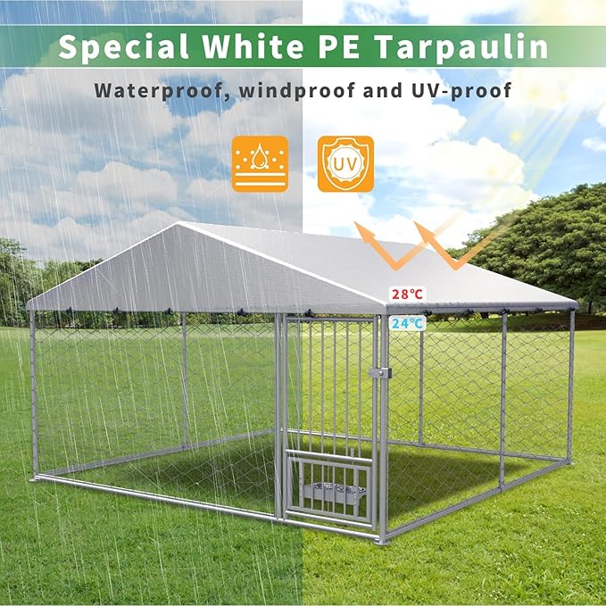 Rovibek Dog Kennel Outside, Outdoor Dog Kennel with Roof, 10'×10' Puppy Enclosure Outside, Out-Side with 2 Stainless Steel Bowls and Waterproof Sun-Proof Cover