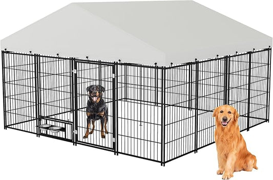 Rovibek 10x10 FT Dog Kennel Outside, Dog Kennels Outdoor with 2 Height Adjustable Rotating Feeder Bowls, Dog Enclosure Outdoor, Outside Dog Kennel with Roof, Outside Kennel for Large Dogs