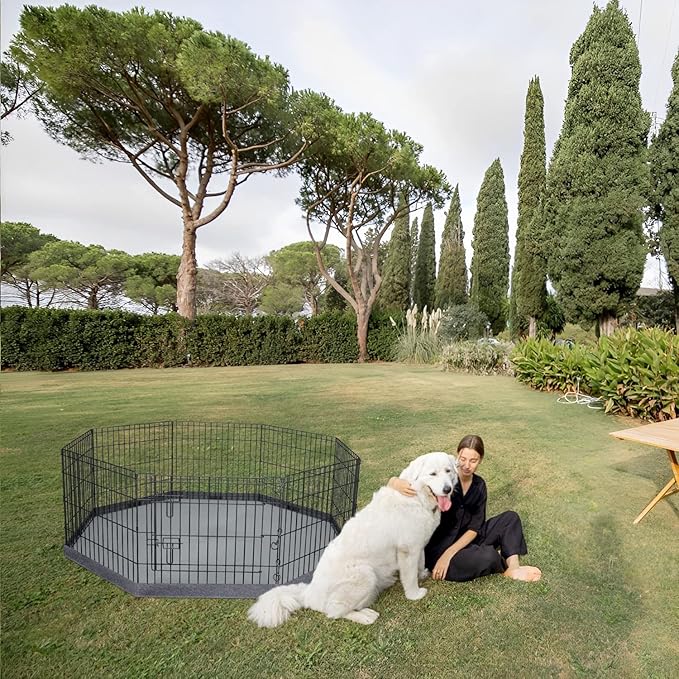 PETIME Foldable Metal Dog Exercise Pen/Pet Puppy Playpen Kennels Yard Fence Indoor/Outdoor 8 Panel 24" W x 30" H with Bottom Pad (with Bottom pad, 8 Panels 30" H)