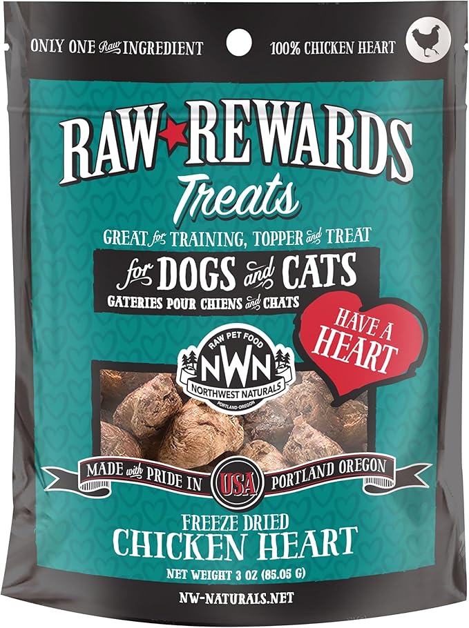 Northwest Naturals Raw Rewards Freeze-Dried Chicken Heart Treats for Dogs and Cats - Bite-Sized Pieces - Healthy, 1 Ingredient, Human Grade Pet Food, Natural - 10 Oz (Pack of 3)