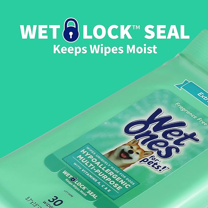 Wet Ones for Pets Hypoallergenic Multi-Purpose Dog Wipes with Vitamins A, C & E | Fragrance-Free Hypoallergenic Dog Wipes for All Dogs Wipes with Wet Lock Seal | 30 Count Pouch Dog Wipes