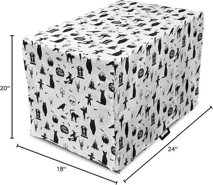 Lunarable Halloween Dog Crate Cover, Horror Pattern Tombstone Kitty Owl Voodoo Trick or Treat Pumpkin, Easy to Use Pet Kennel Cover for Cats & Medium Dogs, 24 Inch, Grey Black Charcoal