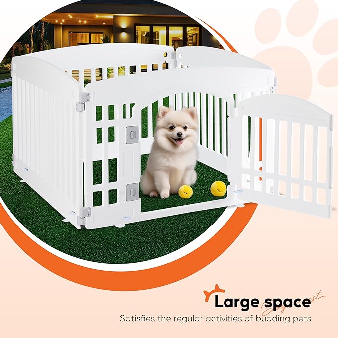 HealSmart 4 Panel 24" Plastic Dog Playpen, Folding & Portable Pet Playpen for Indoor & Outdoor Use, Safe & Secure Fence, Ideal for Small to Medium Dogs, White