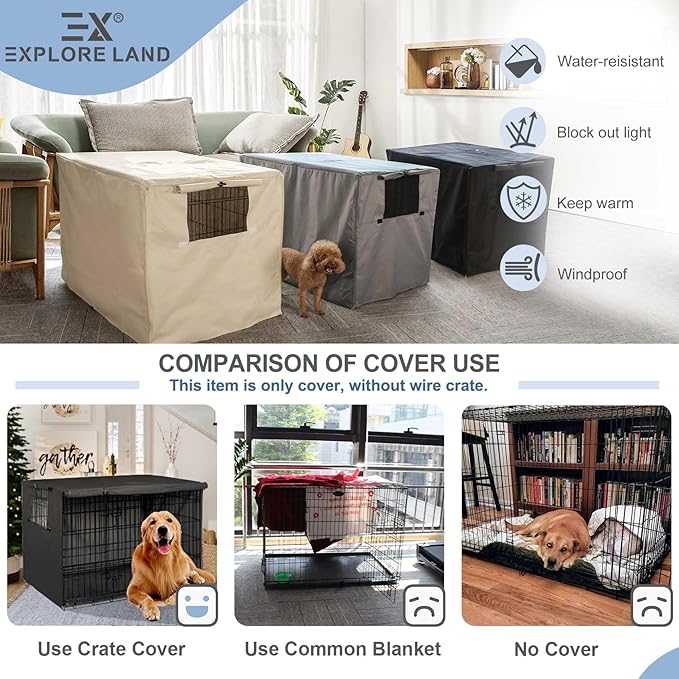 Explore Land 48 inches Dog Crate Cover Heavy Duty Polyester Pet Kennel Sunshade Universal Fit for Wire Cage (Black)