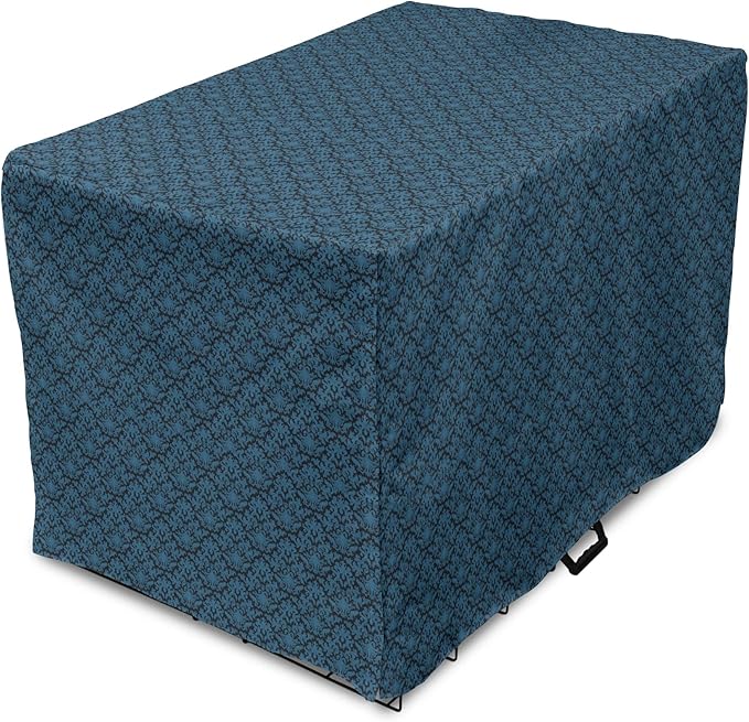 Lunarable Damask Blue Dog Crate Cover, Repetition with Rococo Inspired Royal Style Ornamental Pattern, Easy to Use Pet Kennel Cover for Medium Large Dogs, 48 Inch, Dark Grey and Turquoise