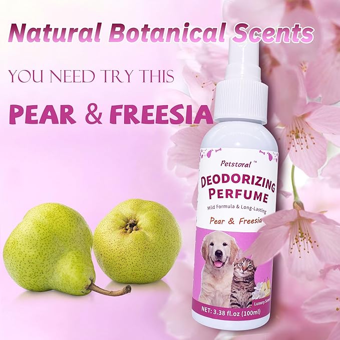 Deodorizing Perfume Spray for Pets, luxury Scent, Long-Lasting Fragrance, 3.38 Fl Oz. (Pear & Freesia)